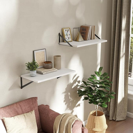 Acovy Deep Floating Shelves Wall Mounted, 24"x12" White Wall Shelves with Brackets Set of 2 for Bedroom, Living Room, Bathroom, Kitchen, Office - Storage & Display Shelf for Decor, Books, Plants
