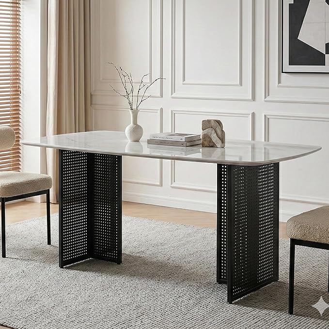 51" White Marble Dining Table, 4-6 Person Modern Kitchen Dining Room Tables with Marble Pattern Tempered Glass Top and Black Hollow-Out Metal Base, Space Saving Rectangle Dinner Table for Home