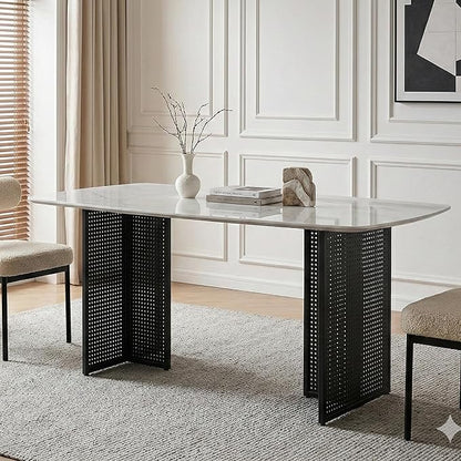 51" White Marble Dining Table, 4-6 Person Modern Kitchen Dining Room Tables with Marble Pattern Tempered Glass Top and Black Hollow-Out Metal Base, Space Saving Rectangle Dinner Table for Home