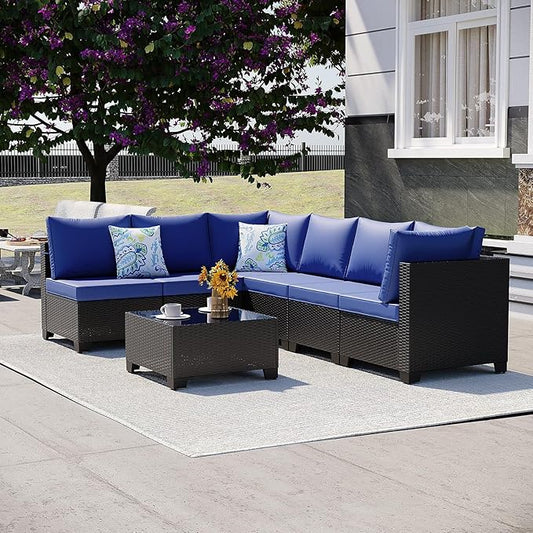 Outdoor Wicker Patio Furniture Set, Rattan Sectional Sofa Set with Thick Cushions (Coffee/Blue, 7 Piece Sofa Set)