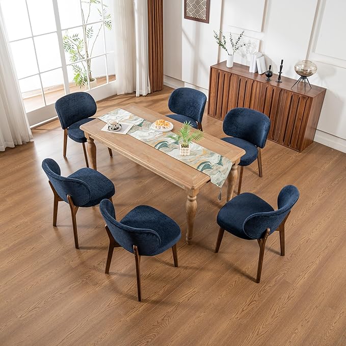 YOUNIKE Dining Chair with High Back Set of 8 Mid Century Modern Kitchen Chair Boucle Fabric Upholstered Armless Accent Chair 20" Wide Padded Seat with Wooden Legs for Living Room Bedroom Navy Blue