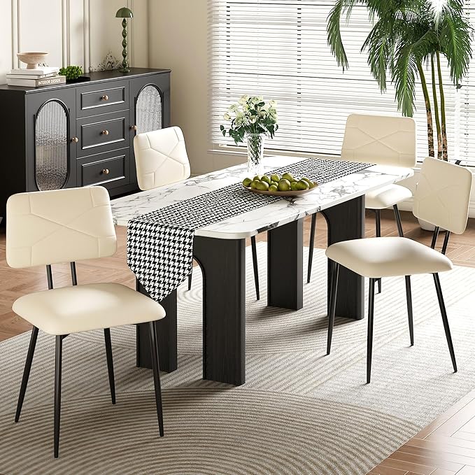 VECELO Dining Chairs Set of 4, Modern Upholstered Kitchen Chairs with Faux Leather Cushion Seat & Metal Legs for Kitchen, Living Room, Tufted Backrest Design, Beige