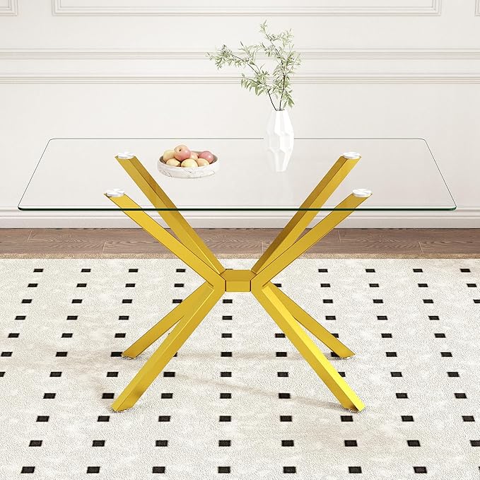 Dining Table Modern Tempered Glass Dinner Table, Rectangle Kitchen Table with Sturdy Metal Legs, Contemporary Minimalist Design, Ideal for Dining Room, Kitchen, or Small Spaces (Golden, 47.24")