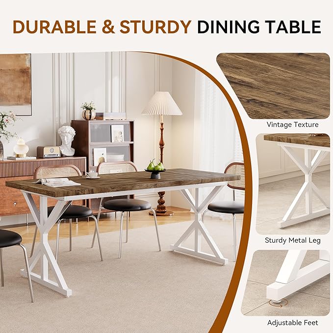Farmhouse Dining Table for 6 People, 70.8 Inch Rectangular Wood Dining Table, Rustic Kitchen Table with Extra Heavy Duty Metal Legs for Dining Room-Oak
