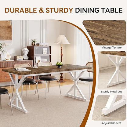 Farmhouse Dining Table for 6 People, 70.8 Inch Rectangular Wood Dining Table, Rustic Kitchen Table with Extra Heavy Duty Metal Legs for Dining Room-Oak