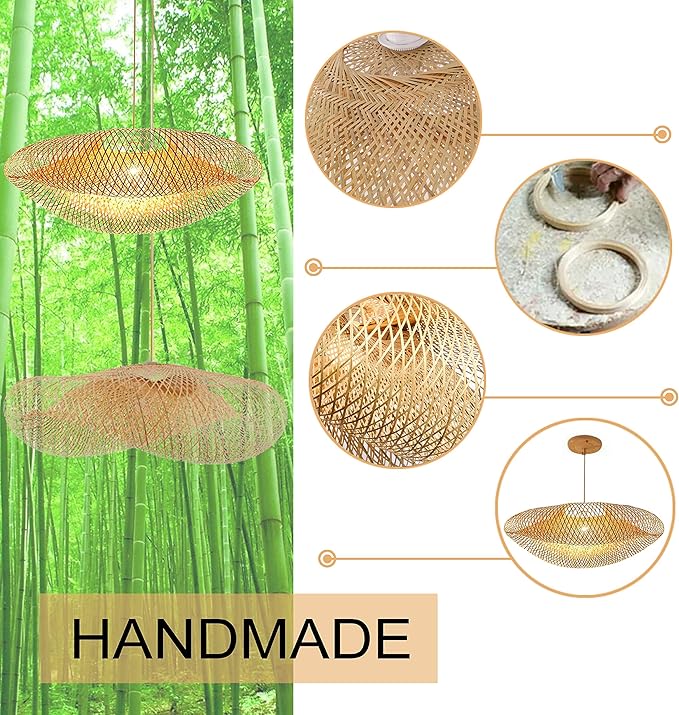 GCQ Bamboo Lantern Pendant Lamp, Retro Japanese Style E27 Chandelier Hanging Light Ceiling Lighting Fixture for Living Room Bedroom Restaurant Cafe Teahouse Bar Dining Room Club