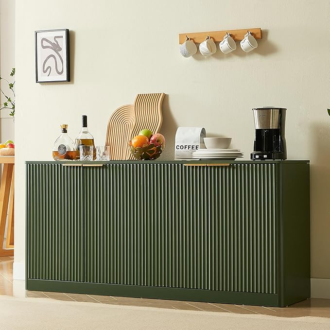 Ball & Cast 59" Modern Fluted Sideboard Buffet Cabinet with Storage,Curved Design Kitchen Coffee Bar Cabinet with 4 Doors & Shelves,Wood Credenza Cabinets Media Console for Living Room,Green