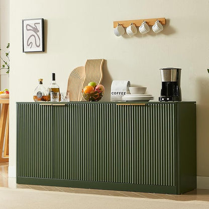 Ball & Cast 59" Modern Fluted Sideboard Buffet Cabinet with Storage,Curved Design Kitchen Coffee Bar Cabinet with 4 Doors & Shelves,Wood Credenza Cabinets Media Console for Living Room,Green