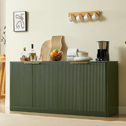 Ball & Cast 59" Modern Fluted Sideboard Buffet Cabinet with Storage,Curved Design Kitchen Coffee Bar Cabinet with 4 Doors & Shelves,Wood Credenza Cabinets Media Console for Living Room,Green