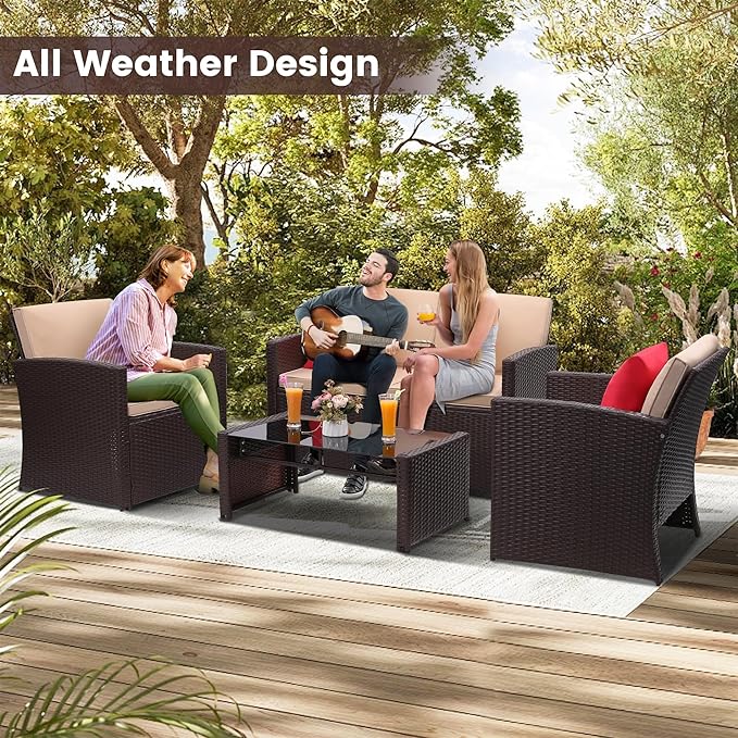 KROFEM 4-Piece Patio Furniture Set, Wicker Outdoor Rattan Sectional Sofa with Cushions and Glass Table, All-Weather Outdoor Conversation Set, Ideal for Garden, Porch, Backyard, Beige