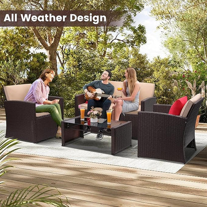KROFEM 4-Piece Patio Furniture Set, Wicker Outdoor Rattan Sectional Sofa with Cushions and Glass Table, All-Weather Outdoor Conversation Set, Ideal for Garden, Porch, Backyard, Beige