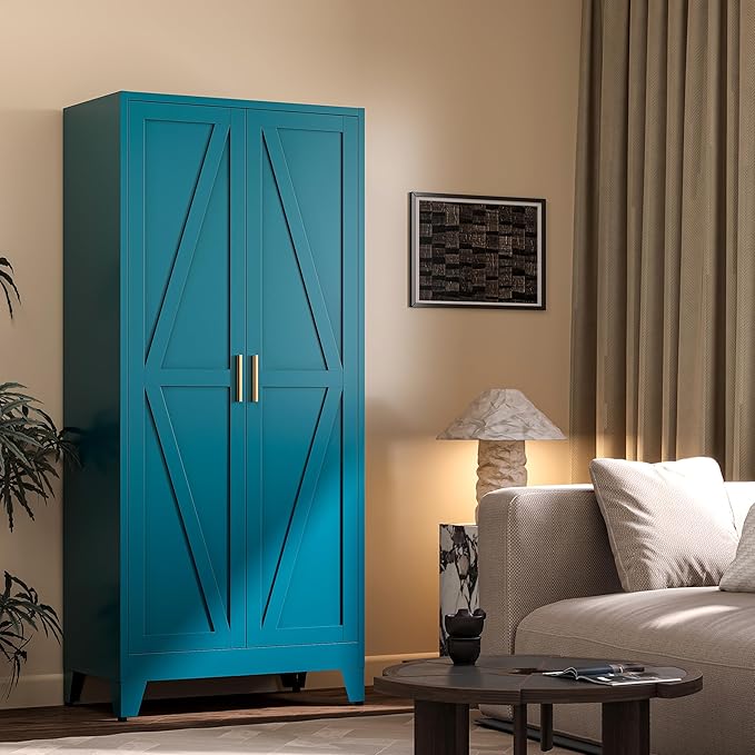 61" H Blue Metal Pantry Cabinet with Doors,Freestanding Kitchen Pantry Cabinet,Farmhouse Food Storage Cabinets,Tall and Large Pantry Cabinets for Kitchen, Dining Room, Living Room