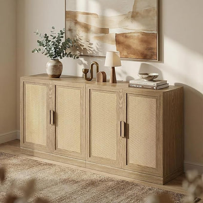 Casaphoria Adam Sideboard Buffet Cabinet with Storage, Sideboard Cabinet with Rattan Doors & Adjustable Shelves, 62" W x 31" H Coffee Bar for Entryway Kitchen Living Room, Oak