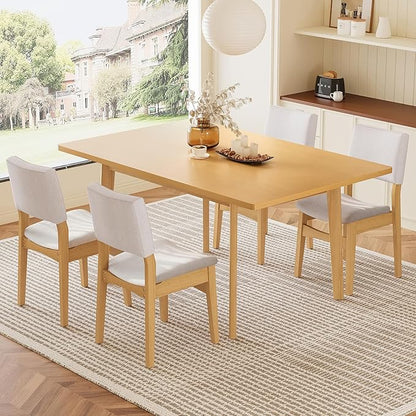 VilroCaz 5-Piece Dining Table Set - Rectangular Solid Wood Table & Upholstered Linen Chairs, Kitchen Dining Room Set for 4, Space-Saving Dinette (Natural-5J)