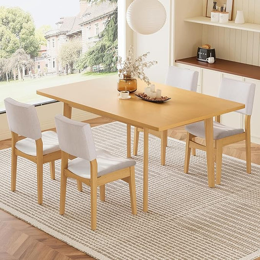VilroCaz 5-Piece Dining Table Set - Rectangular Solid Wood Table & Upholstered Linen Chairs, Kitchen Dining Room Set for 4, Space-Saving Dinette (Natural-5J)