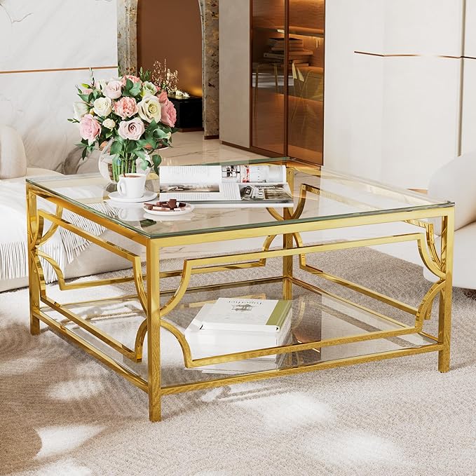 Harper & Bright Designs Square Glass Coffee Table in 33.5",Luxurious Geometric Metal Frame,Gold Finish & Lower Shelf