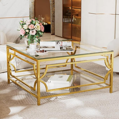 Harper & Bright Designs Square Glass Coffee Table in 33.5",Luxurious Geometric Metal Frame,Gold Finish & Lower Shelf