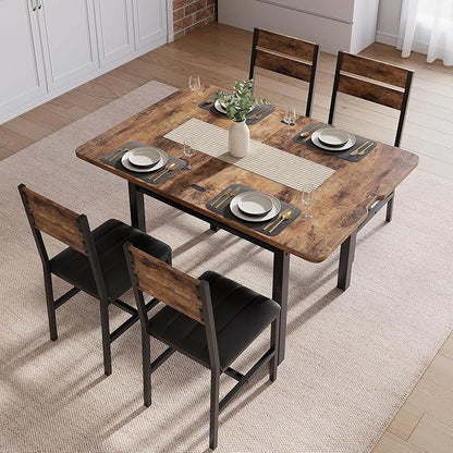 MapleGrace Dining Table Set for 4, Extendable Kitchen Table with 4 PU Leather Upholstered Dining Room Chairs, Wood Kitchen Table Set with Built-in Storage Rack for Dining & Small Spaces, Rustic Brown