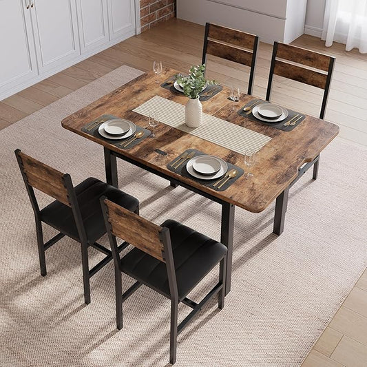 MapleGrace Dining Table Set for 4, Extendable Kitchen Table with 4 PU Leather Upholstered Dining Room Chairs, Wood Kitchen Table Set with Built-in Storage Rack for Dining & Small Spaces, Rustic Brown