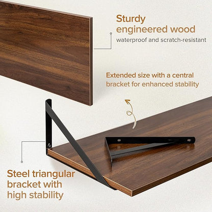 Acovy Deep Floating Shelves Wall Mounted, 48"x12" Walnut Wall Shelves with Brackets Set of 2 for Bedroom, Living Room, Bathroom, Kitchen, Office - Storage & Display Shelf for Decor, Books, Plants