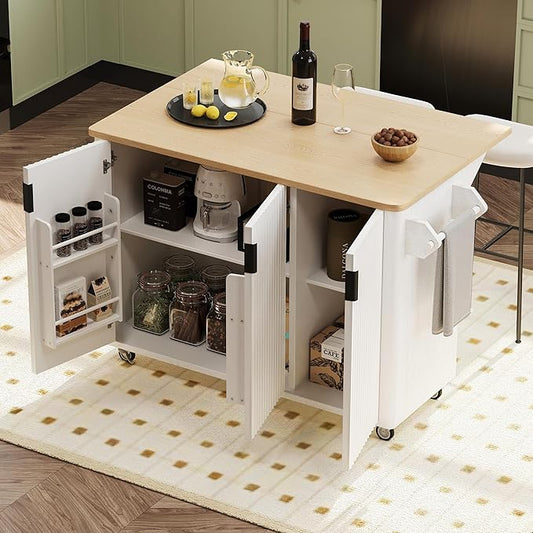 RUNNA Fluted Kitchen Island with Drop Leaf,Farmhouse Accent on Wheels with Internal Storage Rack,Rolling Cart with Towel Rack for Kitchen,Dining Room,White(White@046)
