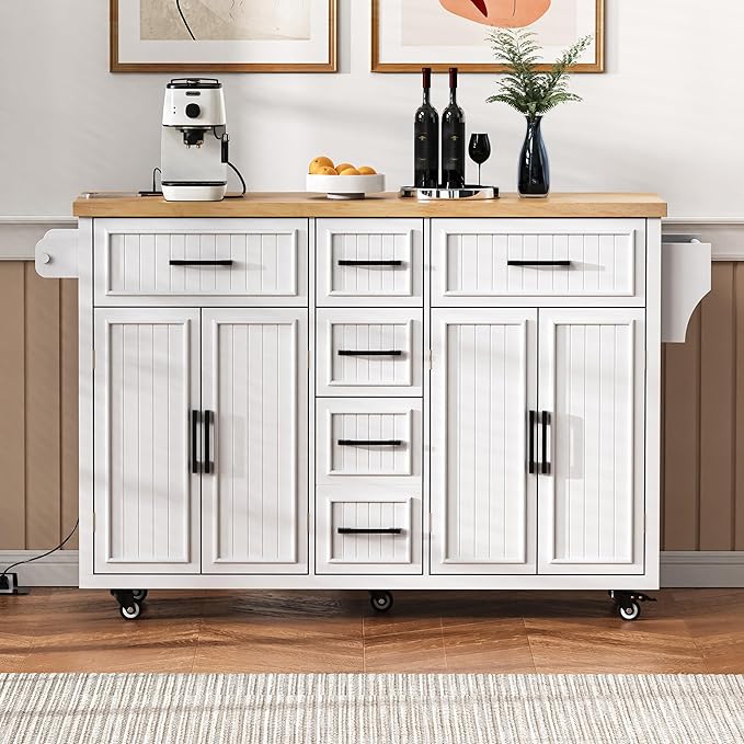 Ball & Cast 56.5" Large Kitchen Island with Drop Leaf and Power Outlet,Embossed Vertical Stripe Rolling Kitchen Cart on Wheels W/Adjustable Shelves,4 Doors & 5 Deep Drawers,for Dining Room,White