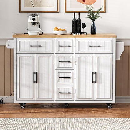 Ball & Cast 56.5" Large Kitchen Island with Drop Leaf and Power Outlet,Embossed Vertical Stripe Rolling Kitchen Cart on Wheels W/Adjustable Shelves,4 Doors & 5 Deep Drawers,for Dining Room,White