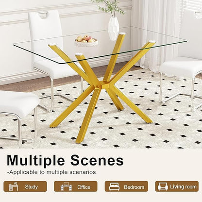 Dining Table Modern Tempered Glass Dinner Table, Rectangle Kitchen Table with Sturdy Metal Legs, Contemporary Minimalist Design, Ideal for Dining Room, Kitchen, or Small Spaces (Golden, 47.24")