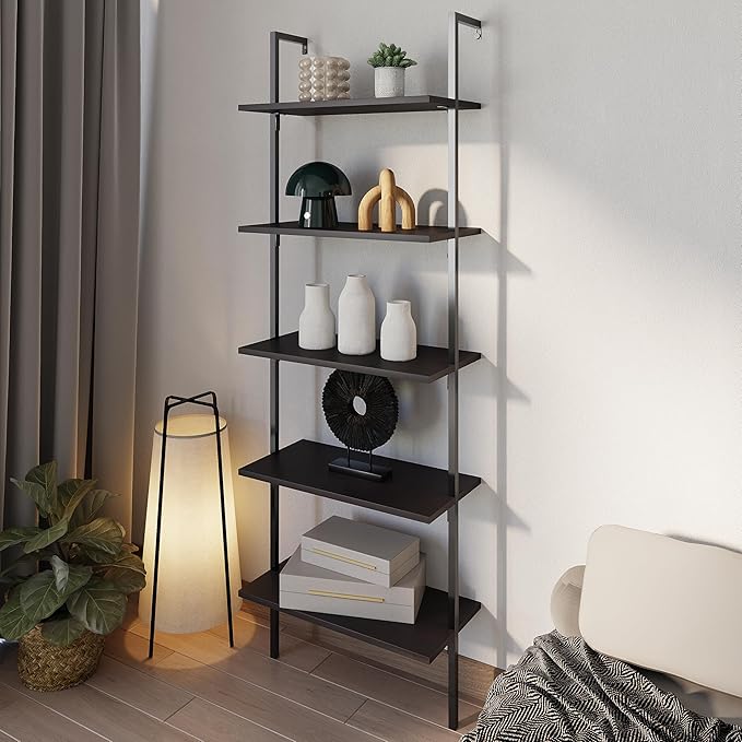 happimess MSH1001A Madera 72.05" Classic Industrial 5-Shelf Wood Wall-Mounted Open Ladder Bookcase with Metal Frame, Black