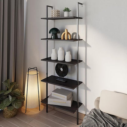 happimess MSH1001A Madera 72.05" Classic Industrial 5-Shelf Wood Wall-Mounted Open Ladder Bookcase with Metal Frame, Black