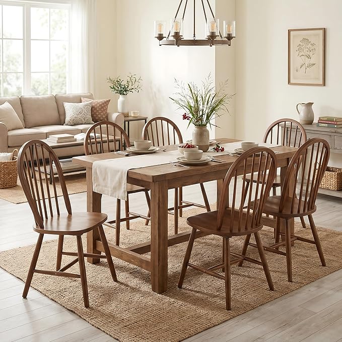 chairus Farmhouse Walnut Dining Chairs Set of 4, Windsor Wooden Dining Room Chairs with Spindle Bow Back, Modern Cottage Armless Side Kitchen Chairs