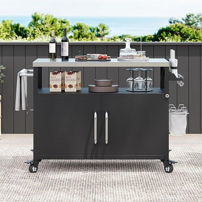 Modern Dining Table Outdoor Kitchen Island with Sink 55.5in, Metal Grill Cart Table with Stainless Steel Sink, Outdoor Bar Cart Sink Station with 4 Lockable Wheels for Pizza Prep,