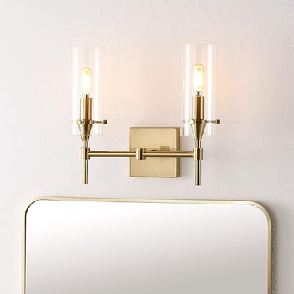 JONATHAN Y 13.5" Brass Gold/Clear Modern Farmhouse LED Vanity Light Sconce, Clear Glass Cylinder Shade, Wall Lamp for Bathroom Mirror Hallway Entryway, LED Bulb Included (JYL7806C)
