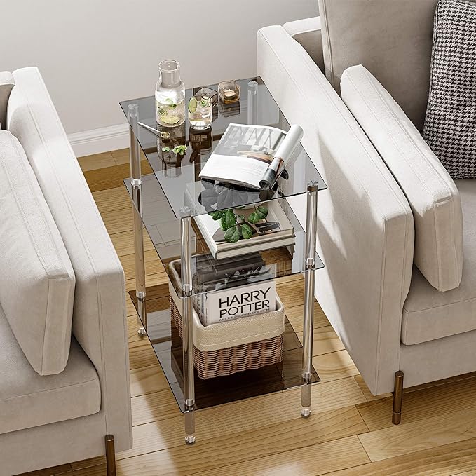 Tempered Glass Side Table, Acrylic End Table, 3-Tier Transparent Nightstand, Clear Coffee Table, for Small Spaces Living Room Bedroom Balcony Black LET519BK