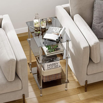 Tempered Glass Side Table, Acrylic End Table, 3-Tier Transparent Nightstand, Clear Coffee Table, for Small Spaces Living Room Bedroom Balcony Black LET519BK
