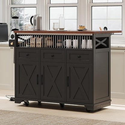 Ball & Cast 46.5" Kitchen Island with Drape of Beads&Power Outlet,Rolling Kitchen Cart on 5 Wheels W/ 3 Drawers,Kitchen Storage Cart W/Internal Iron Shelf&Towel Rack,for Kitchen,Dining Room,Black