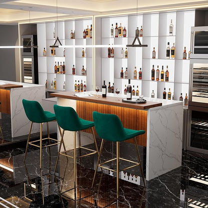 Modern Bar Table and Bar Stools Set, Marble-Look Counter Table with Wood Accent Top & Green Velvet Bar Chairs Set of 3 with Gold Legs, Kitchen Island Pub Table Set for Home Bar, Dining Room