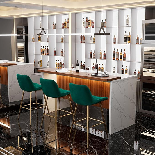 Modern Bar Table and Bar Stools Set, Marble-Look Counter Table with Wood Accent Top & Green Velvet Bar Chairs Set of 3 with Gold Legs, Kitchen Island Pub Table Set for Home Bar, Dining Room