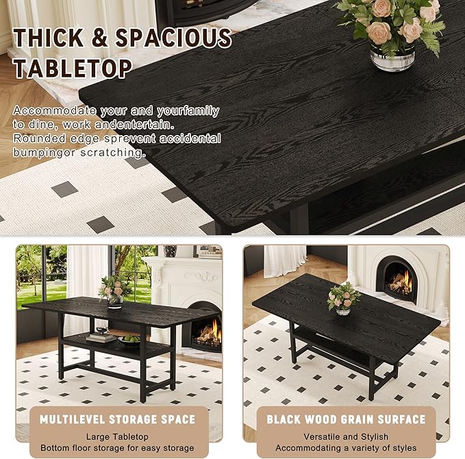 Dining Table Set with Storage and 6 Chairs, 71x35.4 Inch Black Grain Spliced Table with PU Upholstered Seats, Modern Mid-Century Style for Kitchen and Dining Room, Family Gatherings