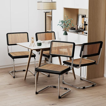 Alunaune Mid Century Modern Black Dining Chairs Set of 4, Upholstered Natural Rattan Kitchen Chairs, Armless Accent Chair Side Chairs with Metal Chrome Legs for Bedroom Living Room-Rattan Seat