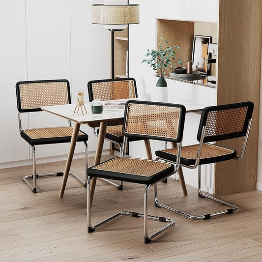 Alunaune Mid Century Modern Black Dining Chairs Set of 4, Upholstered Natural Rattan Kitchen Chairs, Armless Accent Chair Side Chairs with Metal Chrome Legs for Bedroom Living Room-Rattan Seat