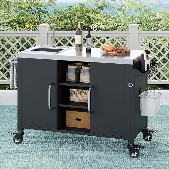 Modern Dining Table Outdoor Kitchen Island with Sink 55.5in, Metal Grill Cart Table with Stainless Steel Sink, Outdoor Bar Cart Sink Station with 4 Lockable Wheels for Pizza Prep,