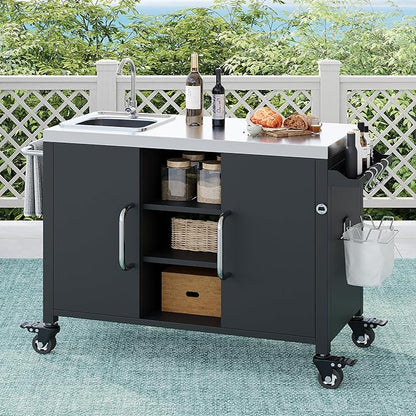 Modern Dining Table Outdoor Kitchen Island with Sink 55.5in, Metal Grill Cart Table with Stainless Steel Sink, Outdoor Bar Cart Sink Station with 4 Lockable Wheels for Pizza Prep,