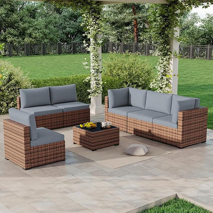 LHBcraft 7 Pieces Outdoor Wicker Rattan Patio Furniture with Rain Cover, Wicker Rattan Outdoor Sectional Sofa Set with Coffee Table & Blue Cushions for Garden, Poolside