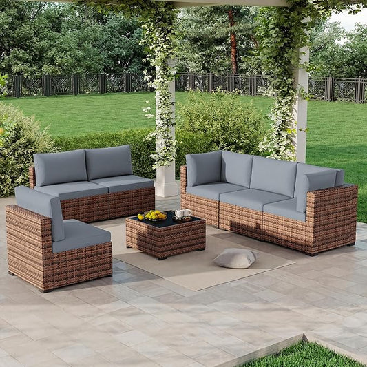 LHBcraft 7 Pieces Outdoor Wicker Rattan Patio Furniture with Rain Cover, Wicker Rattan Outdoor Sectional Sofa Set with Coffee Table & Blue Cushions for Garden, Poolside