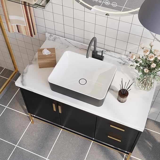 DeerValley DV-1V0001 Bathroom Vessel Sink 19" x 15" Above Counter Sink Rectangle Ceramic Bathroom Sink, Black and White Sinks