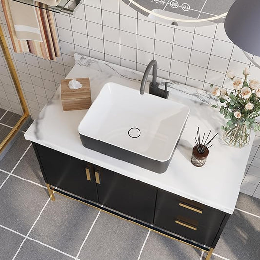 DeerValley DV-1V0001 Bathroom Vessel Sink 19" x 15" Above Counter Sink Rectangle Ceramic Bathroom Sink, Black and White Sinks