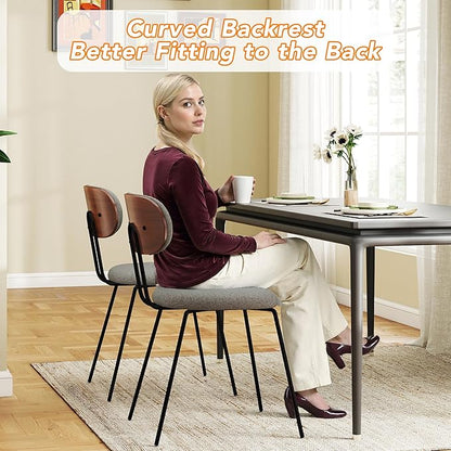LSSPAID Dining Chairs Set of 4, Linen Fabric Upholstered Dining Room Chairs with Walnut Bentwood Back, Mid-Century Modern Kitchen Chairs with Adjustable Feet Pads, Grey