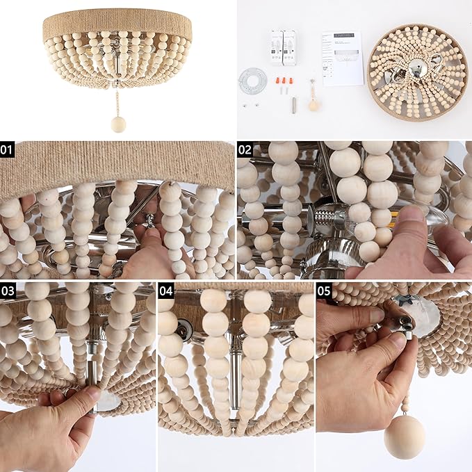 JONATHAN Y 14" Light Taupe and Polished Nickel 2-Light Wood Bead Iron Flush Mount, Farmhouse Bohemian Ceiling Light for Bedroom Hallway, UL Listed, LED Bulbs Included JYL1307A