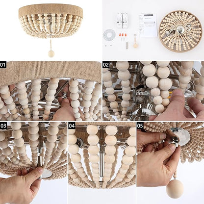 JONATHAN Y 14" Light Taupe and Polished Nickel 2-Light Wood Bead Iron Flush Mount, Farmhouse Bohemian Ceiling Light for Bedroom Hallway, UL Listed, LED Bulbs Included JYL1307A